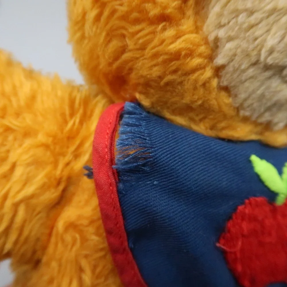 1975 Fisher Price Orange Teddy Bear Plush Stuffed Animal Apple Bib Squeaks #418‎
